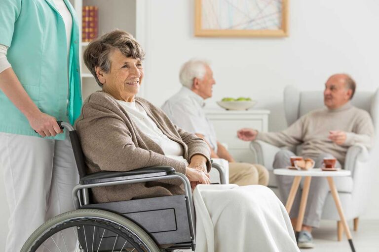 Older adults sharing a balanced meal with vegetables, protein, whole grains, and water at a dining table.