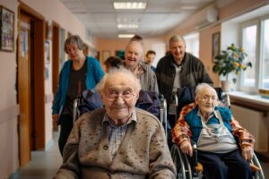 Older adults participating together in a gentle chair yoga session in a cozy, well-lit community room.